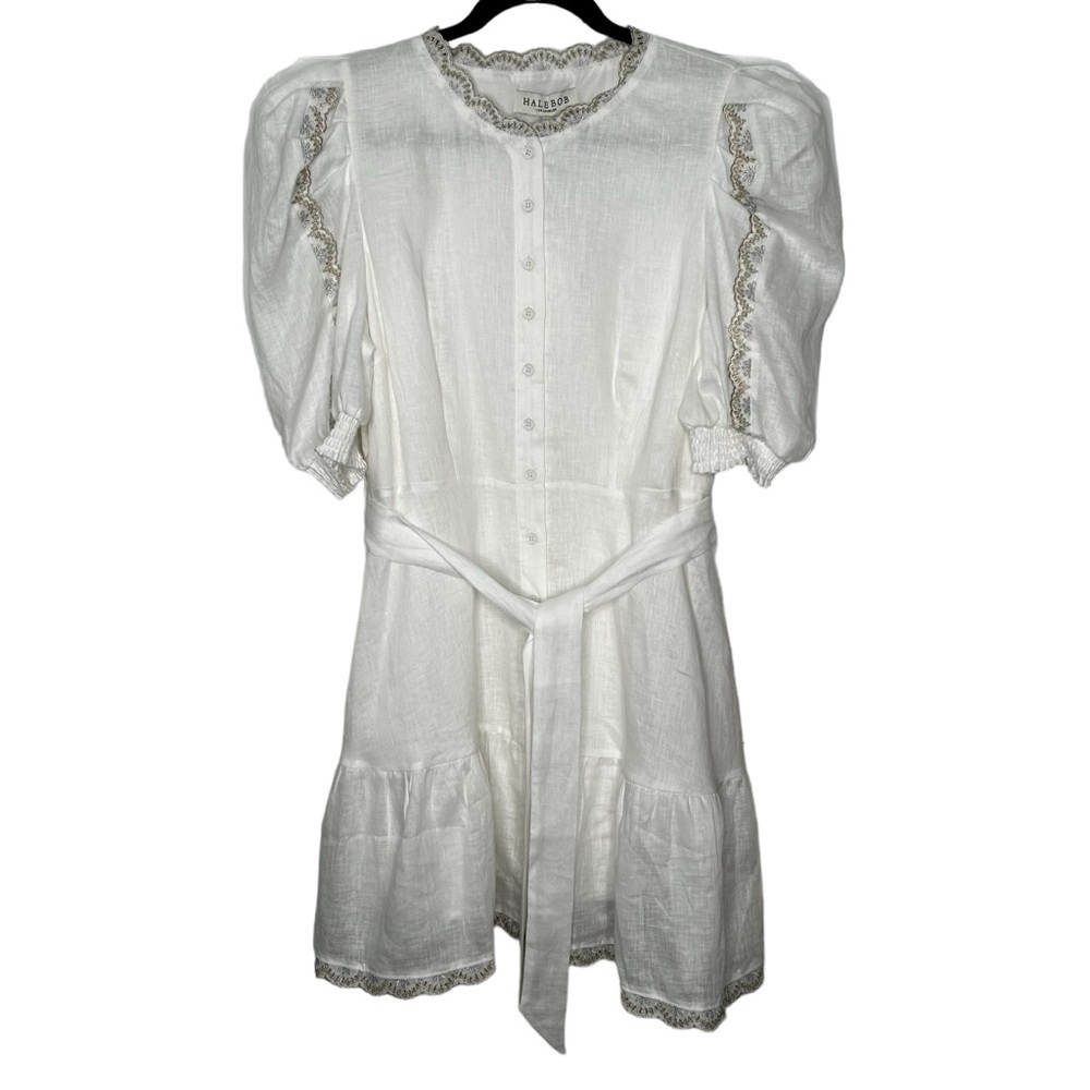 Hale Bob White Daysi Button Up Dress Gold/Silver Trim Puff Sleeves Sz L
